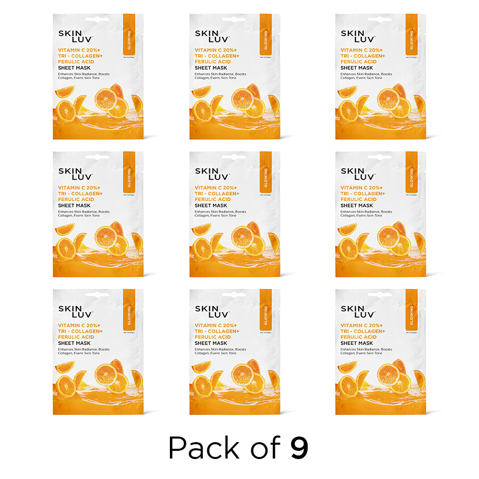 SkinLuv Vitamin C 20%+ Tri- Collagen Glowing Sheet Mask (PACK OF 9)